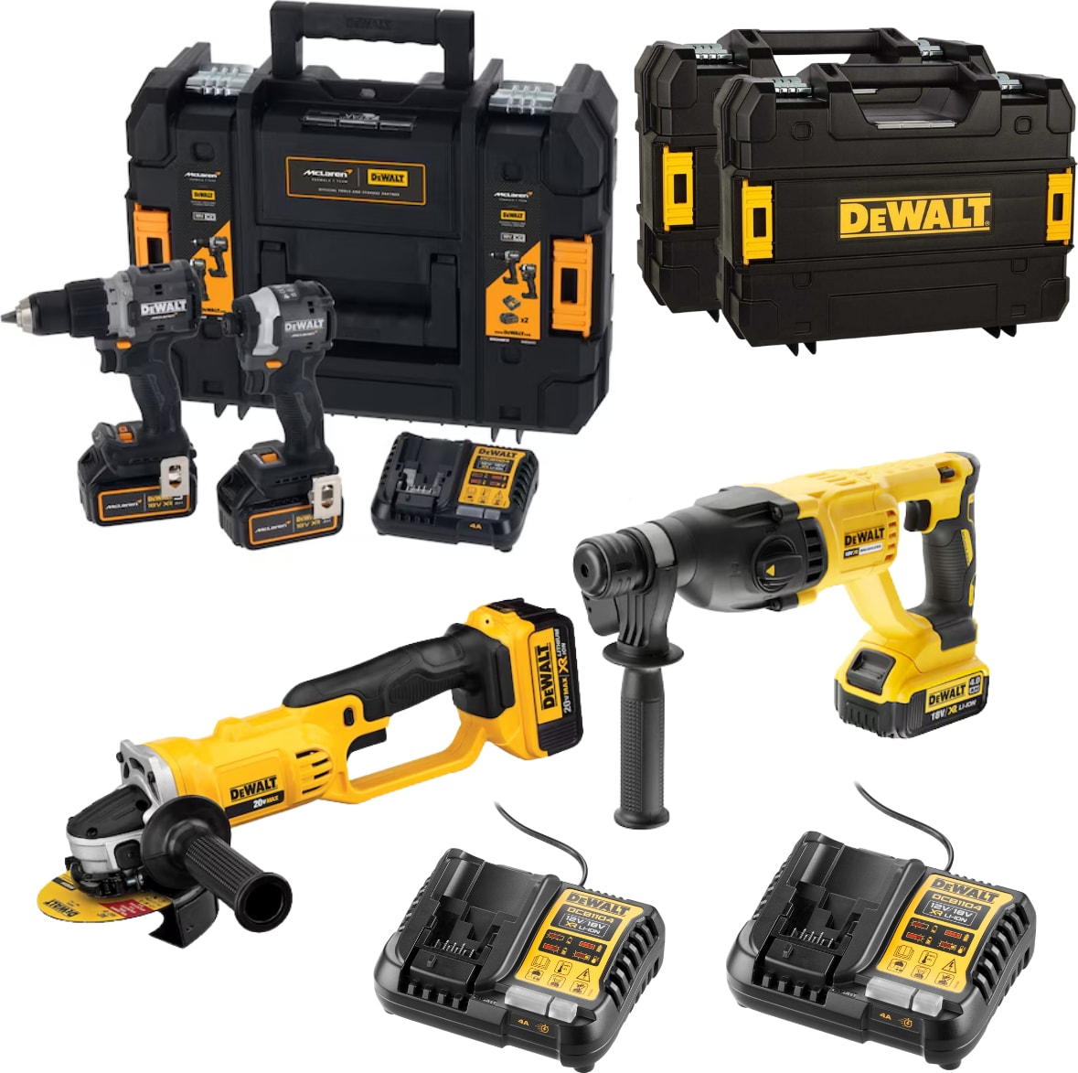 DEWALT x Mclaren 18V Xr Profesyonel Set (Kırıcı, Taşlama, Vidalama,torklu, 3 Çanta , 2X4AH , 2X5AH)
