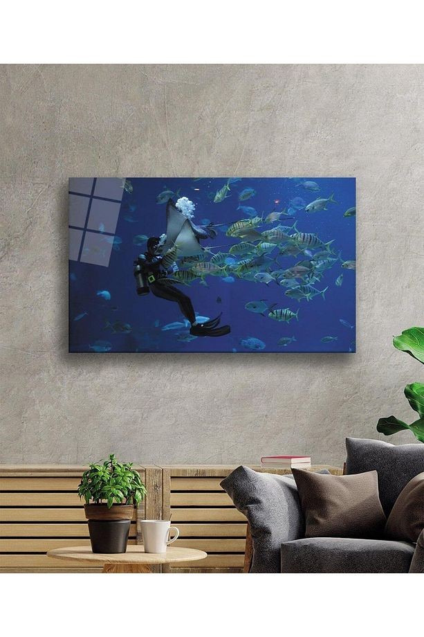 Dalgıç Balık Sualtı Cam Tablo 4mm Dayanıklı Temperli Cam Diver Fish Underwater Glass Wall Art