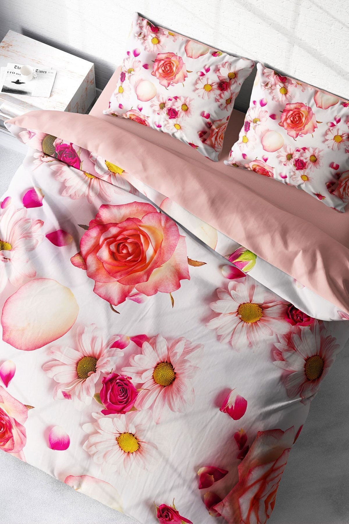 Nevresim Takımı %100 Doğal Pamuk Çift Kişilik 3d Digital White Rose