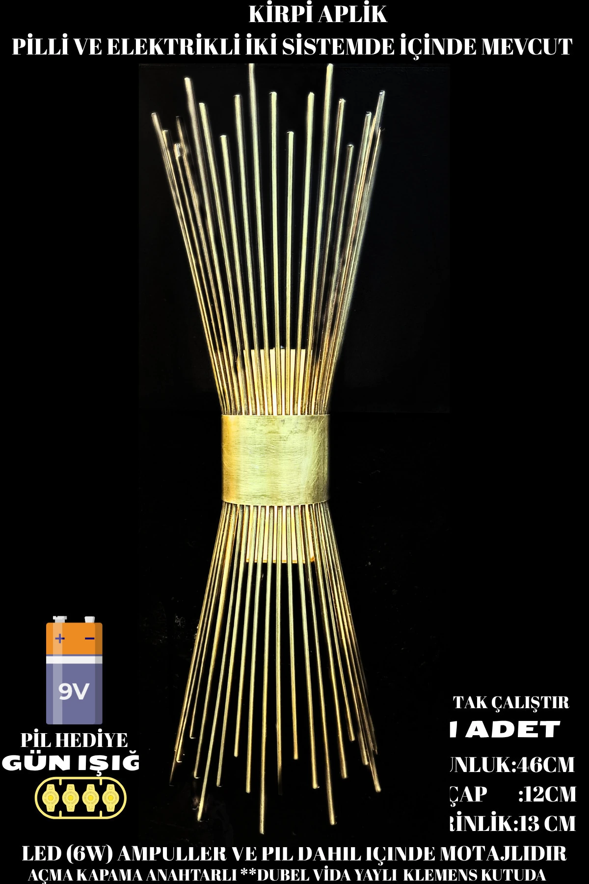 Kirpi Aplik Eskitme, Pilli Aplik, Anahtarlı, Pilli Elektrikli Ledli Duvar Aplik, Gece Lambası