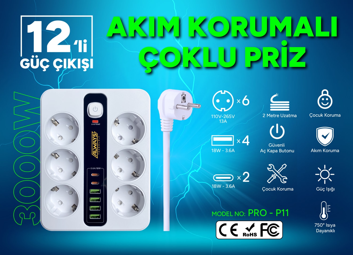 Akım Korumalı 6'lı Grup Priz 4 Usb'li ve 2 Type-C Li 6'lı Grup Priz 2 M Kablo Çocuk Korumalı