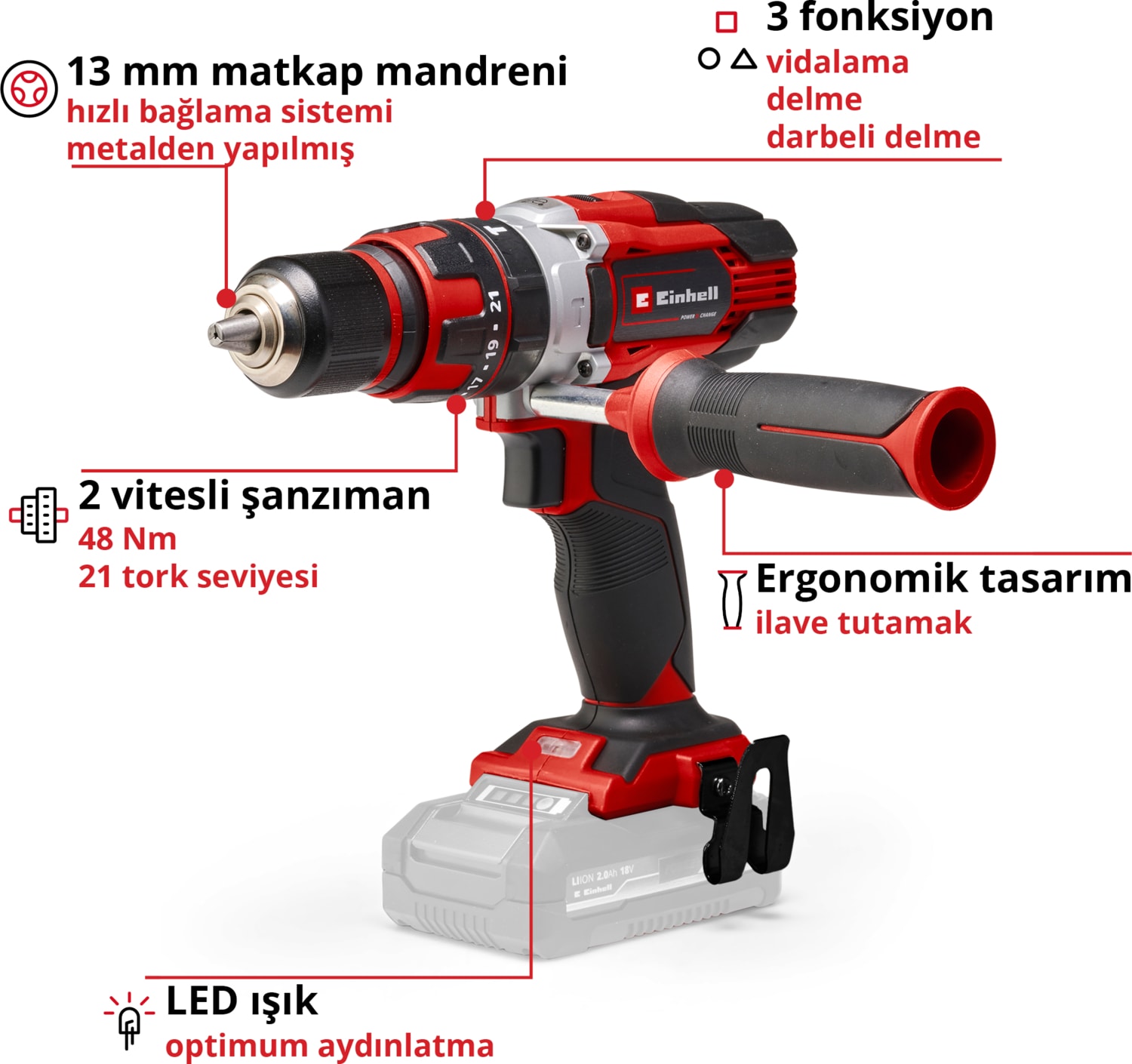 EİNHELL Akülü Darbeli Vidalama TE-CD 18/48 Li-i-Solo Power X-Change (Li-Ion, 18 V, 2 Vitesli Şanzıman, Darbeli Vidalama Fonksiyonu, Devir Kontrolü, LED, akü ve şarj cihazı dahil değildir) - 4513926
