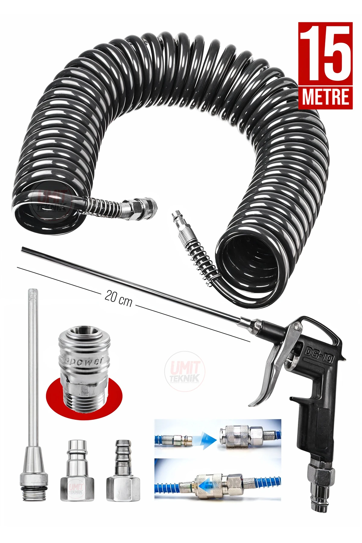 Premium 15 Metre Kompresör Spiral Hava Hortumu 8 Mm Hava Tabancası ve Recor Jak Takım