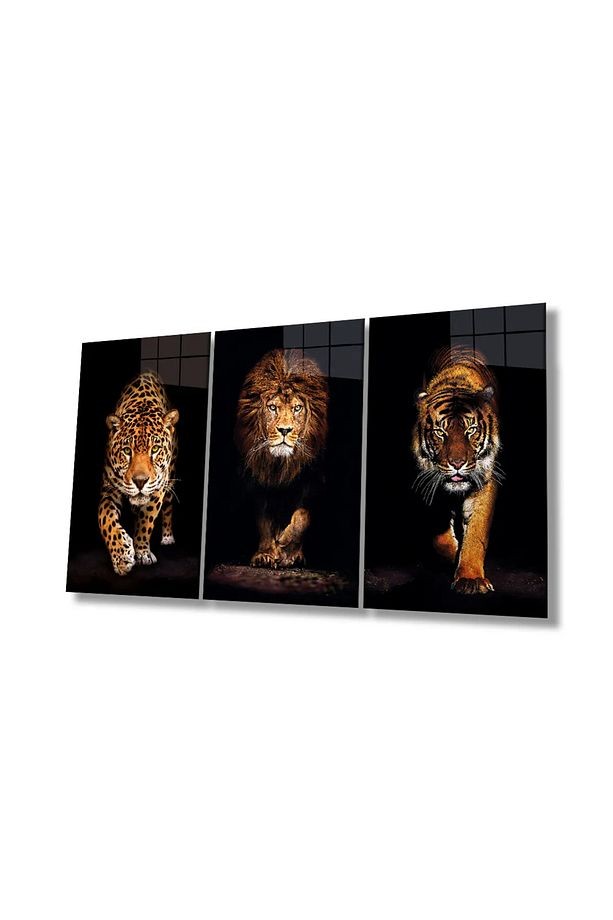 3 PARÇA JAGUAR ASLAN KAPLAN KIRILMAZ CAM TABLO EV HEDİYESİ İŞ YERİ HEDİYESİ