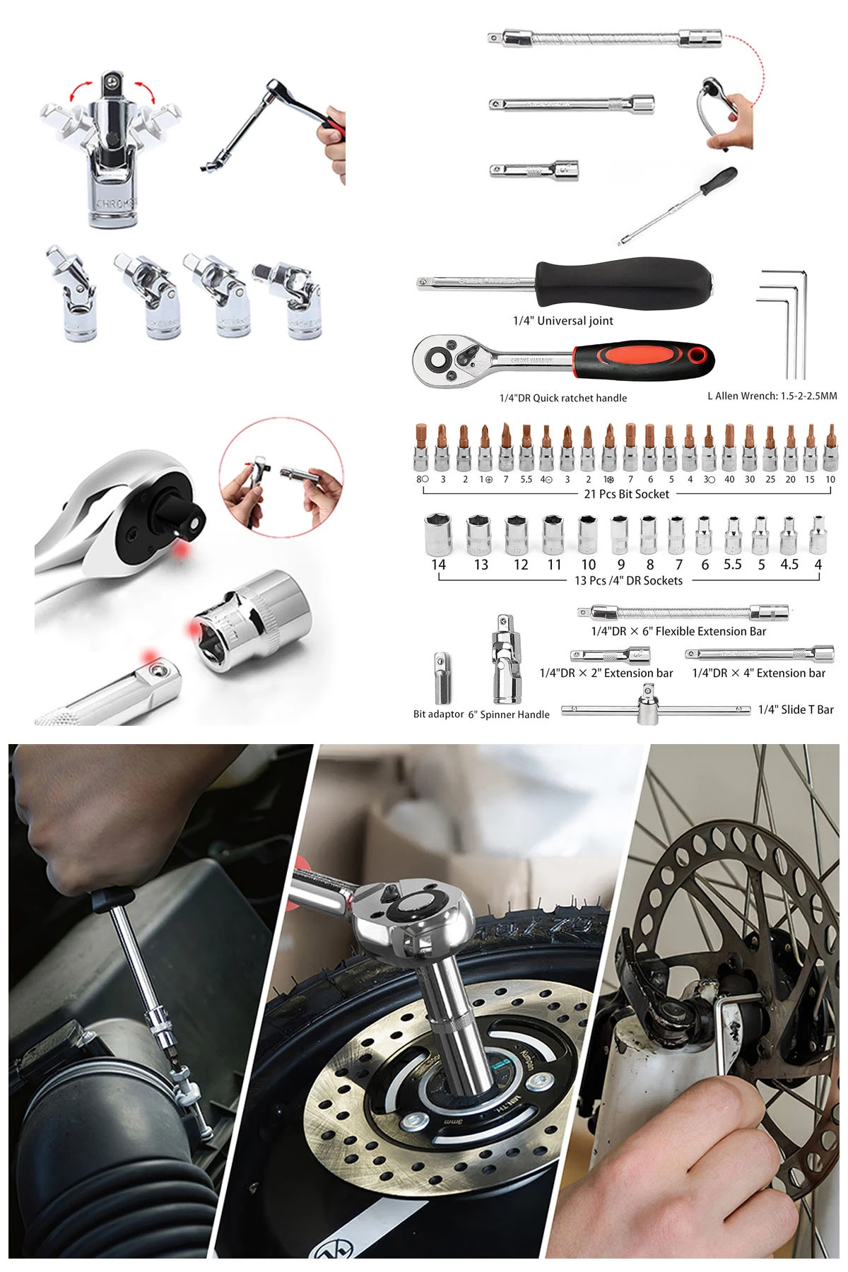 Germany 46+12 Parça Lokma Takımı Otomatik Cırcırlı 1/4" Kombine Açık Ağız-Yıldız Anahtar Takımı Seti