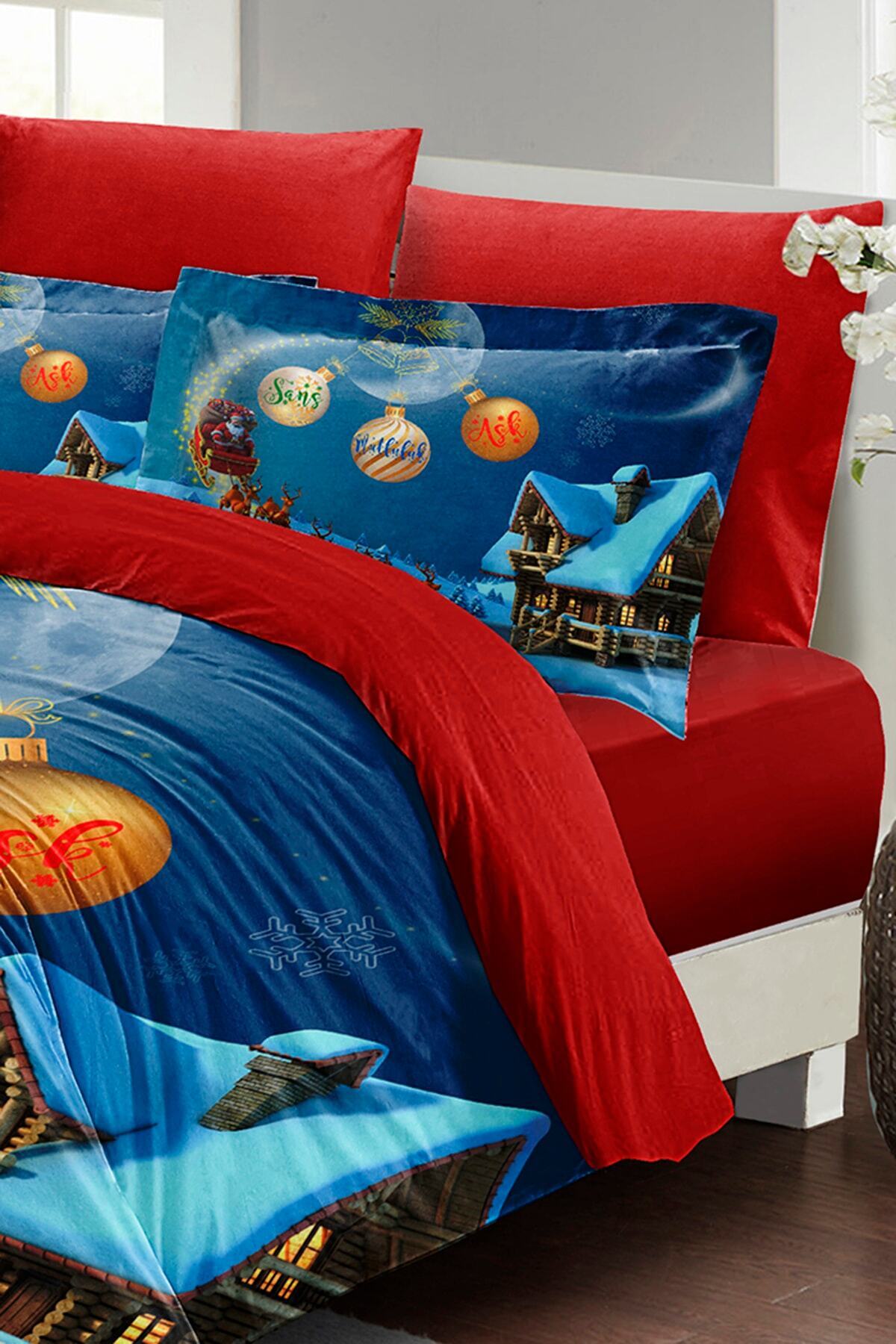 Kıng Sıze Yılbaşı Nevresim Takım %100 Doğal Pamuk Saten Noel Çift Kişilik Wish 220x240cm
