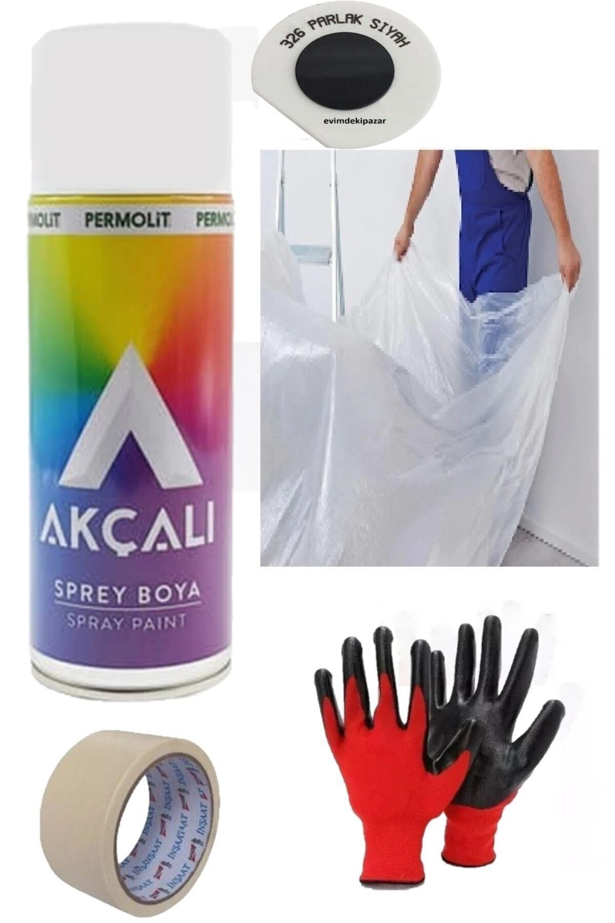 Parlak Siyah Sprey Boya + Koruyucu Örtü + Eldiven + Maskeleme Bantı Set