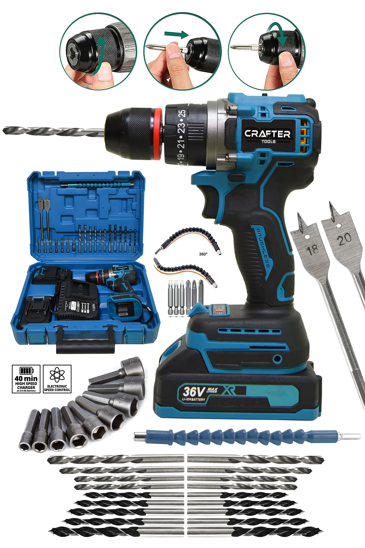 36V 5Ah Kömürsüz Motor Çelik Mandren Akülü Vidalama Darbeli Şarjlı Matkap Seti Mavi ALT100
