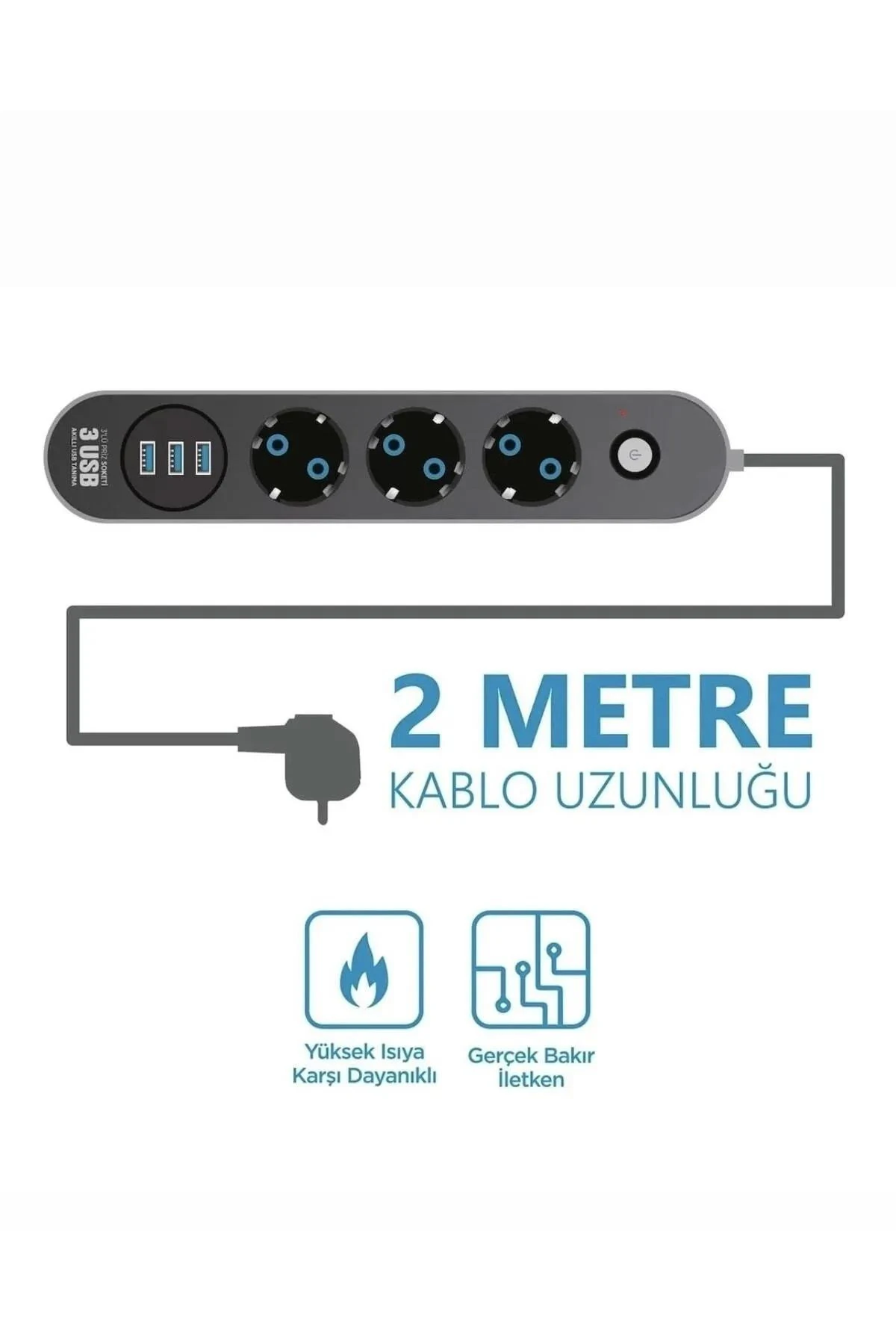 Termal Akım Korumalı Akıllı 3 Lü Grup Priz Ve 3 Lü USB Şarj Portlu 2 Metre Uzatma