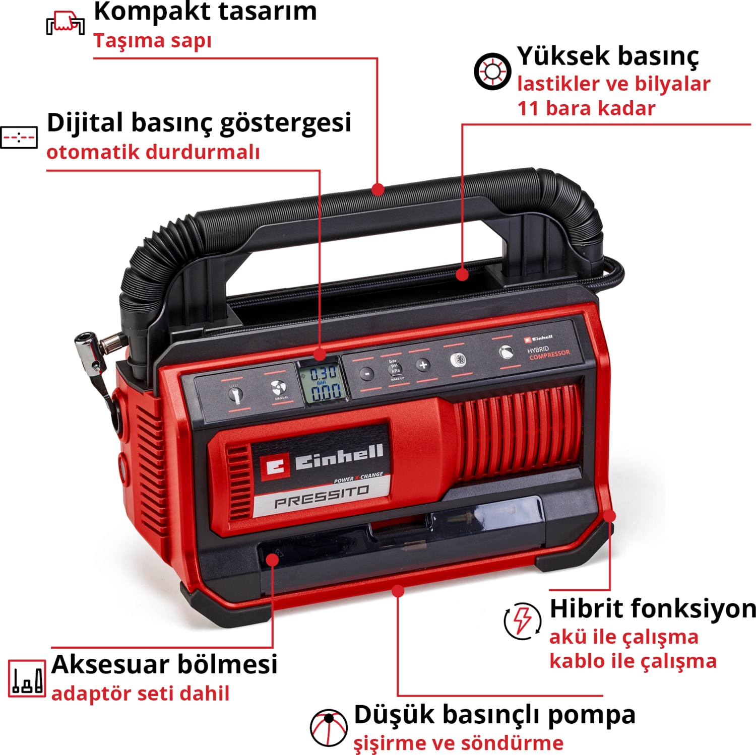 PRESSITO 18/25 Power X-Change Hibrit Kompresör (18 V, Güç Kablosu veya Akü ile Çalışır, Maks. 11 bar, 4-parçalı Adaptör Seti ve 2 Hortum dahil, Akü dahil değildir) - 4020430
