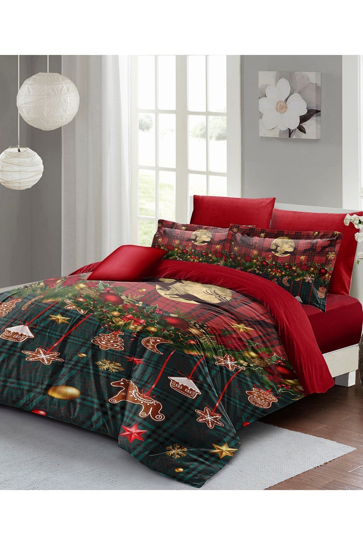 Yılbaşı Çift Kişilik Nevresim ( Lastikli Çarşaflı ) %100 Pamuk Saten Christmas Decorations