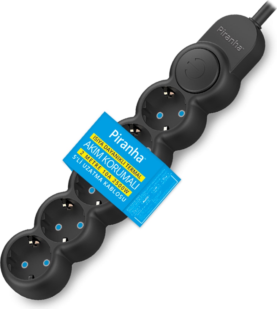 3394B Isıya Dayanıklı Termal Akım Korumalı 2m 10A 2500W 5'li Uzatma Kablosu - Siyah