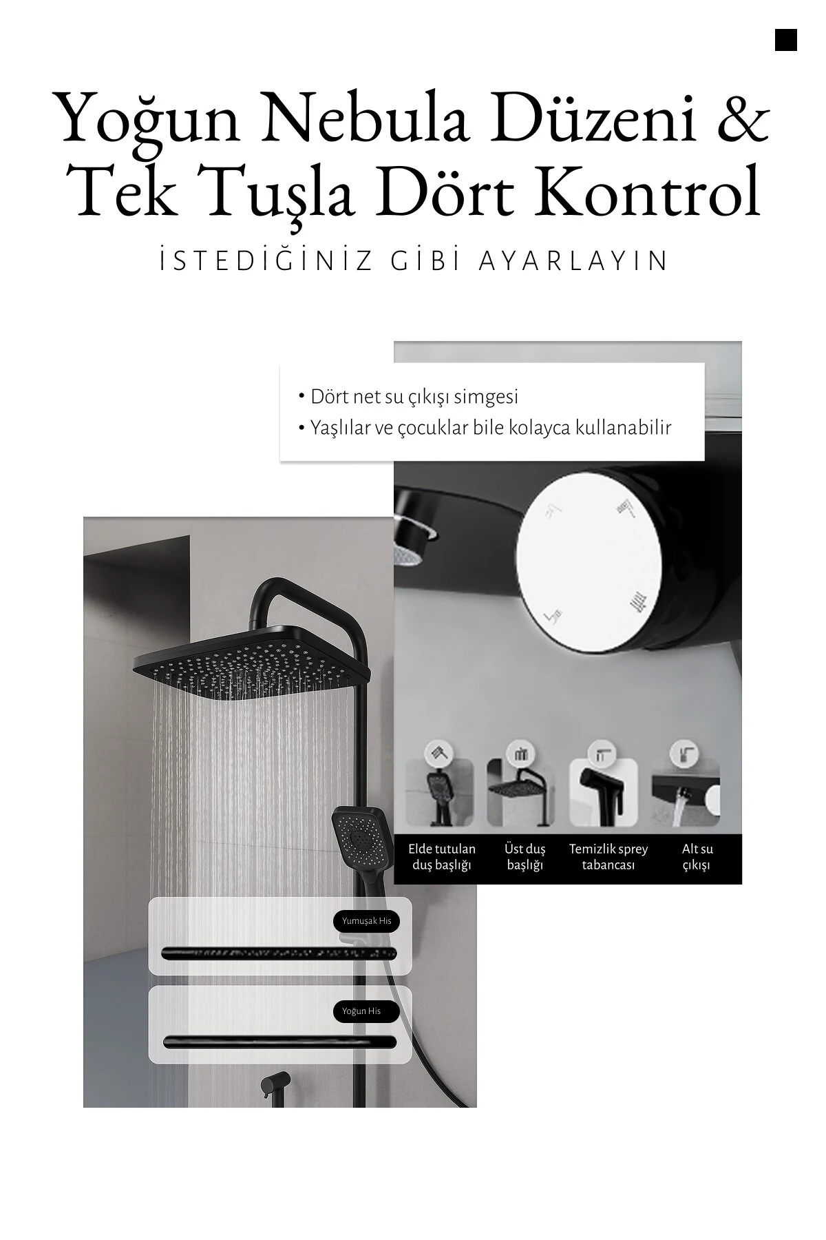 Premium Siyah Duş Sistemi Seti - 4 Fonksiyonlu Yağmur Duş Başlığı, Temperli Cam Raf, Masajlı El Duşu