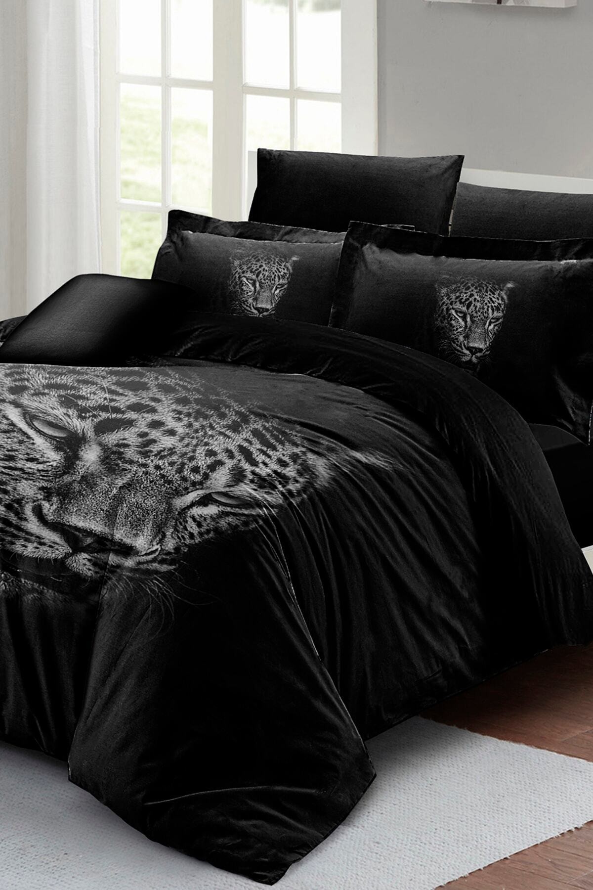 Kıng Sıze Black Leopar Çift Kişilik Nevresim Takımı %100 Pamuk Saten 3d Özel Tasarım 220x240cm