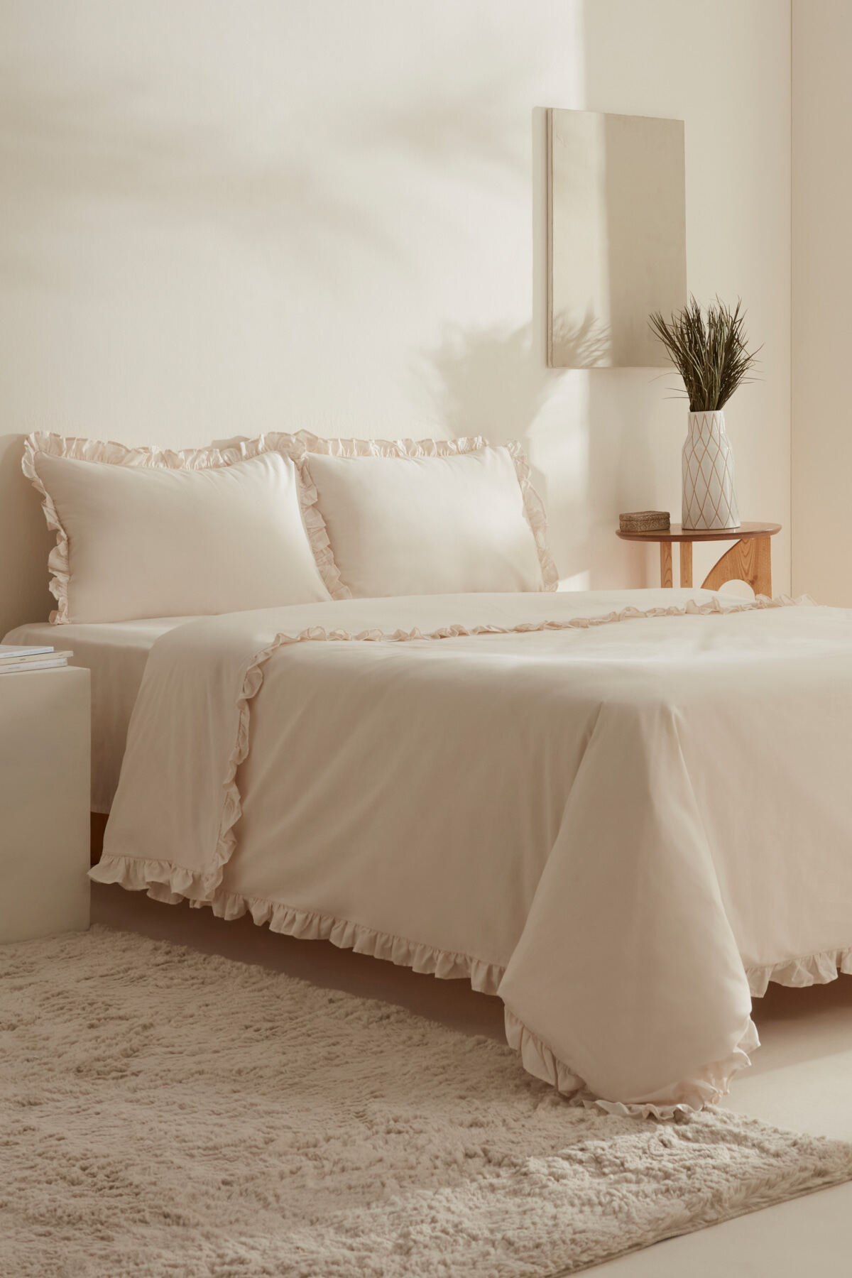 Pure Ruffle %100 Pamuk King Size Nevresim Takımı Açık Bej