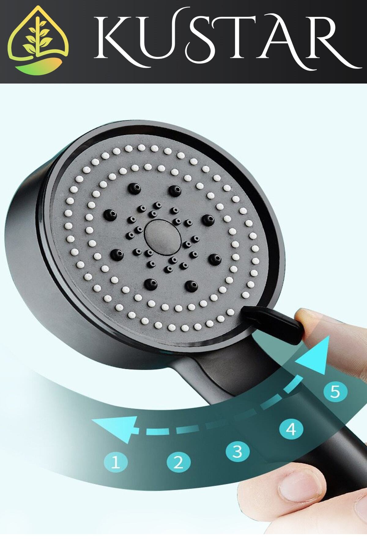 5 Fonksiyonlu Yüksek Basınçlı Spray Modlu Siyah Duş Seti 1,5m Örgülü Duş Hortumu Ve Askı