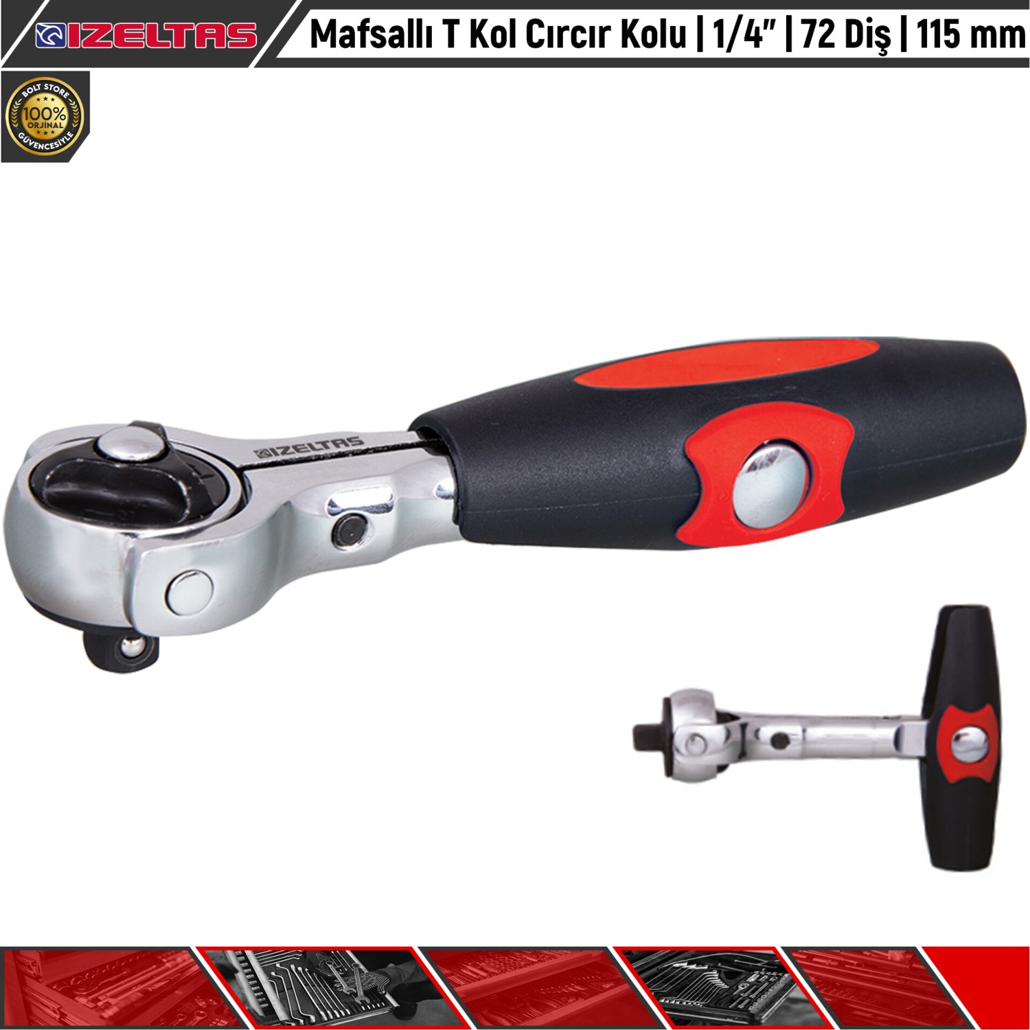 Mafsallı T Kol Cırcır Kolu | 1/4” | 72 Diş | 115 mm