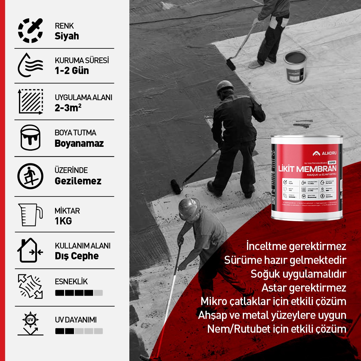 1 kg Süper Likit Membran Kauçuk ve Elyaf Katkılı Sıvı Su Yalıtım Malzemesi