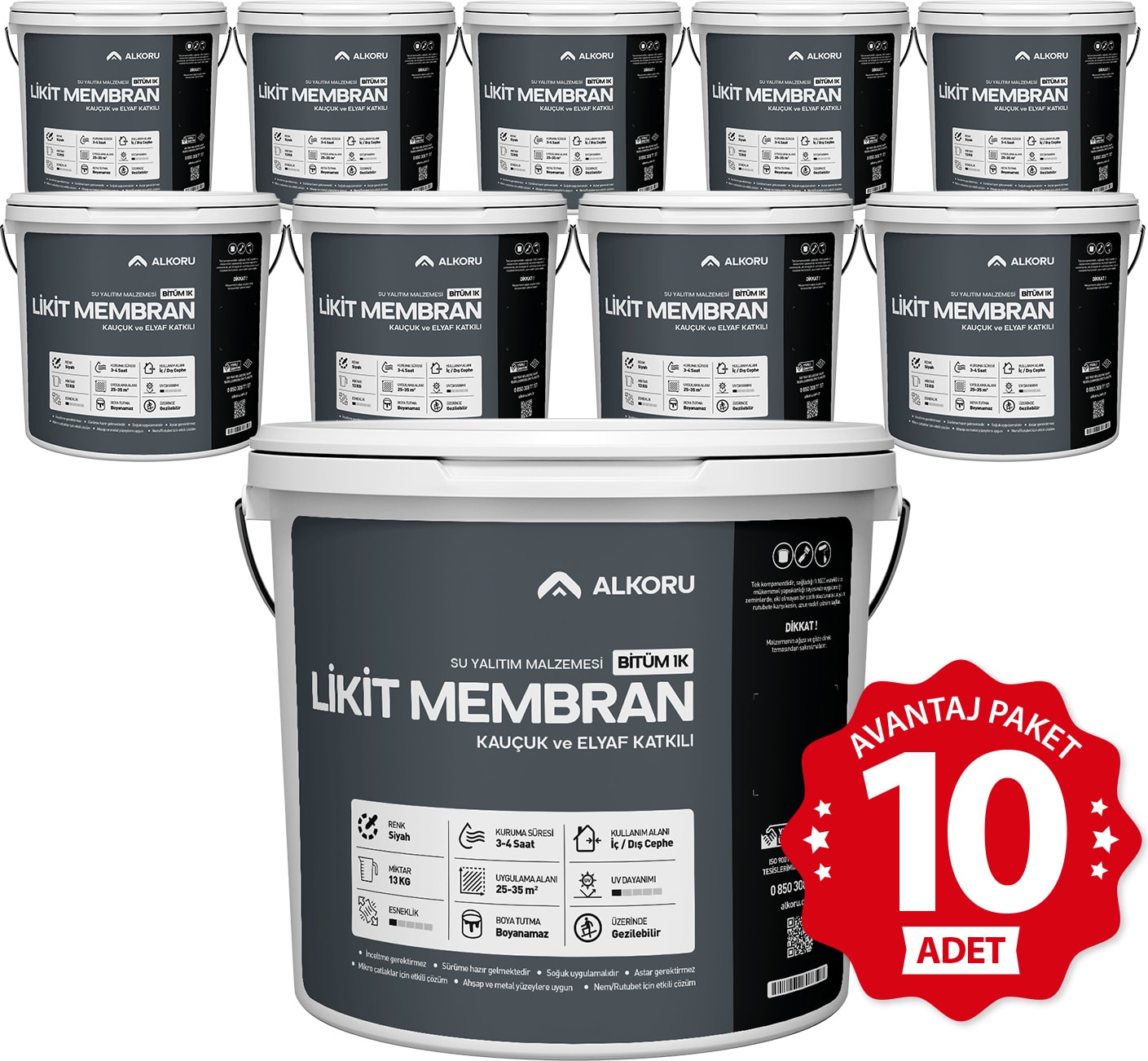 10 Adet 13 kg Bitüm 1k Likit Membran Kauçuk ve Elyaf Katkılı Sıvı Su Yalıtım Malzemesi Avantaj Paket