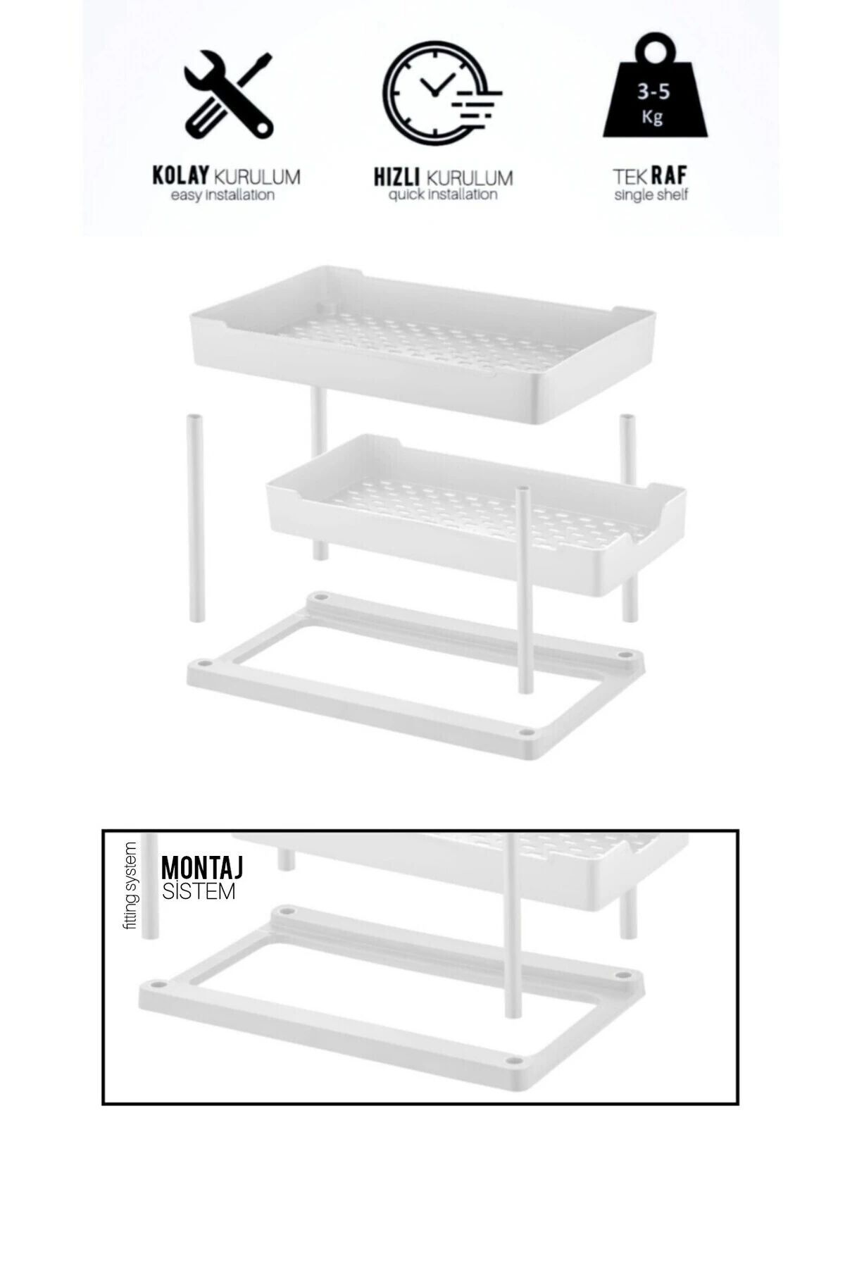 Beyaz 2 Katlı Sürgülü Dolapiçi Mutfak Banyo Dolap Tezgah Altı Evye Altı