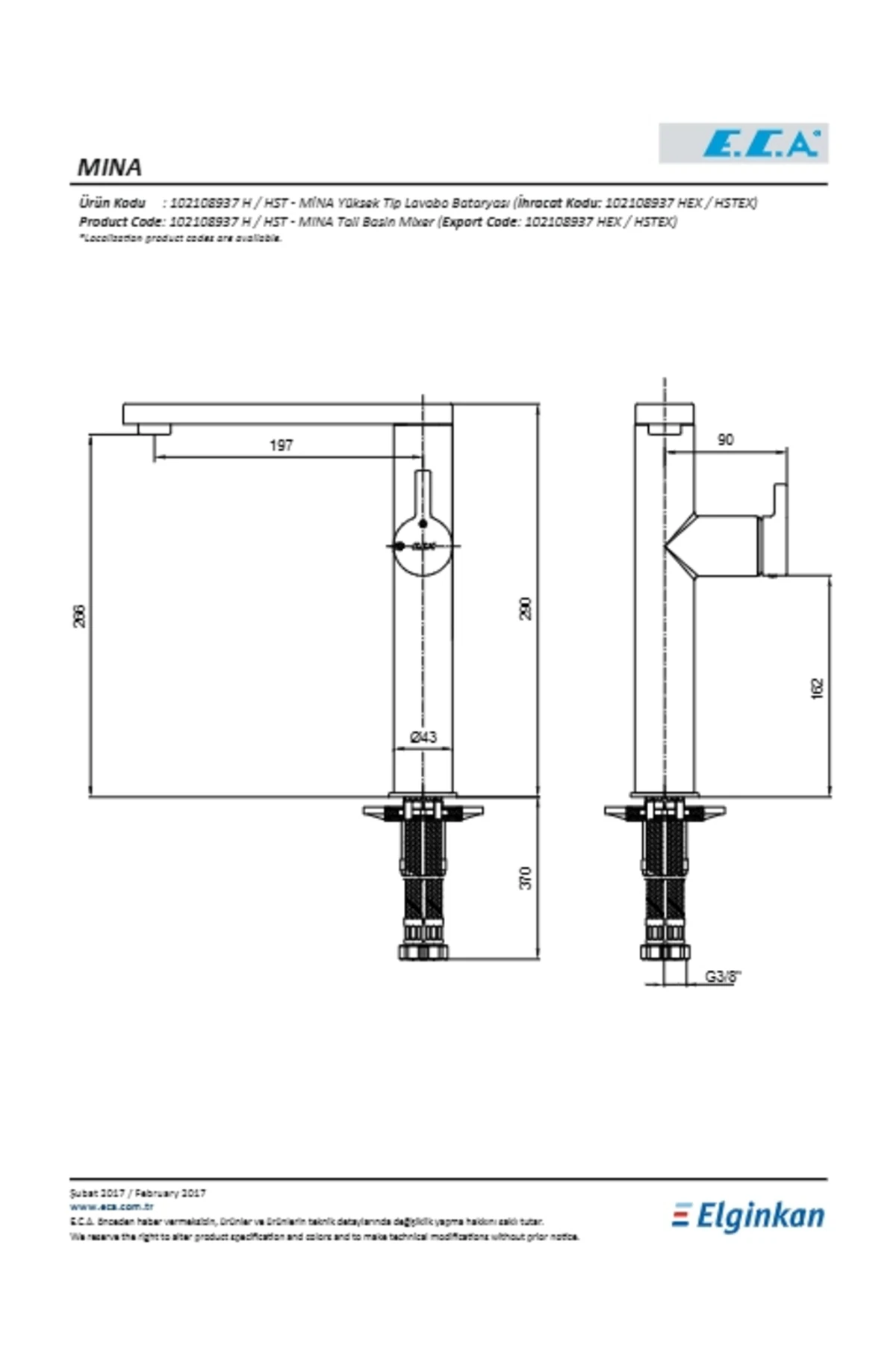 Mina Yüksek Tip Lavabo Bataryası