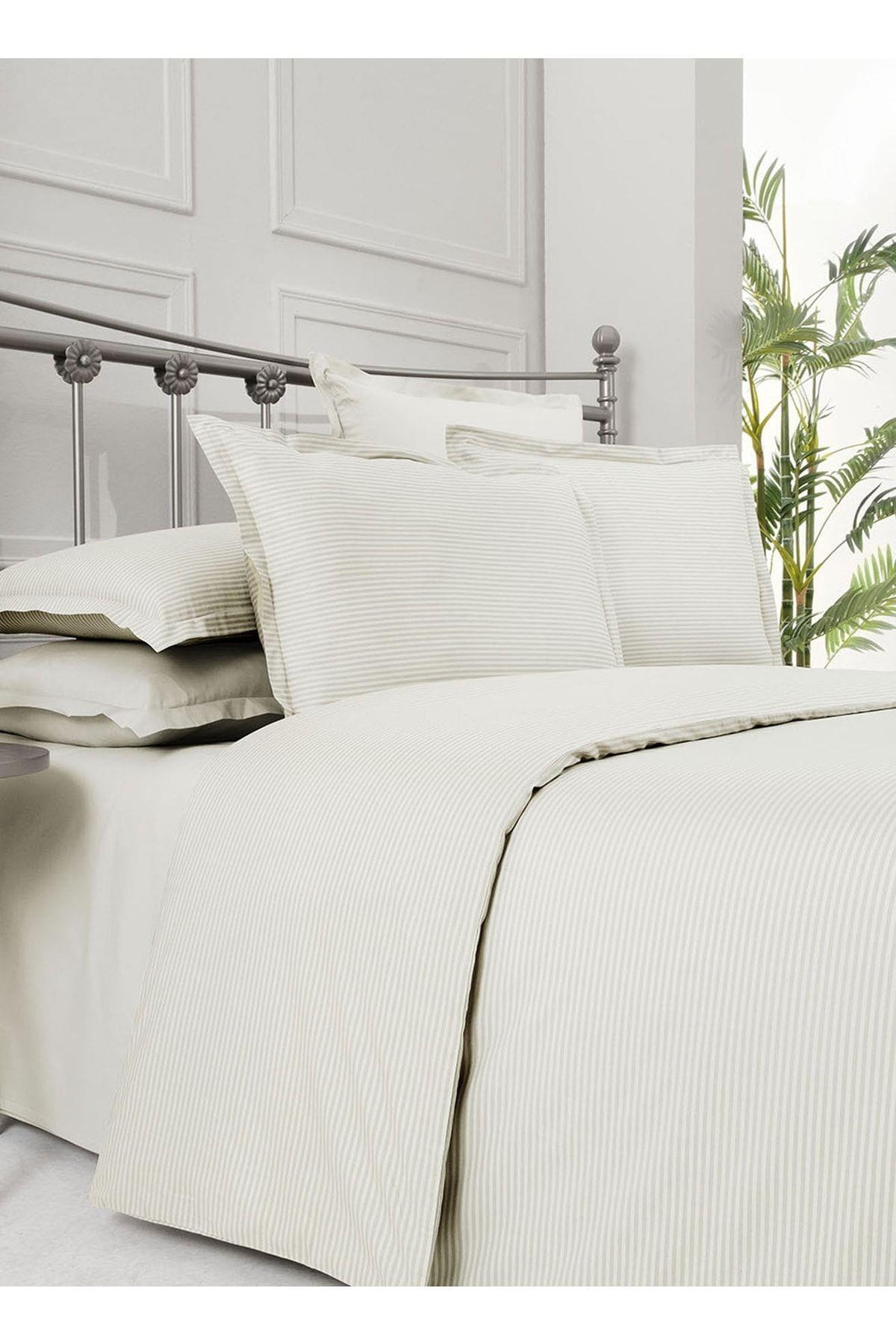 Fancy Stripe King Size Pamuk Nevresim Takımı Ekru