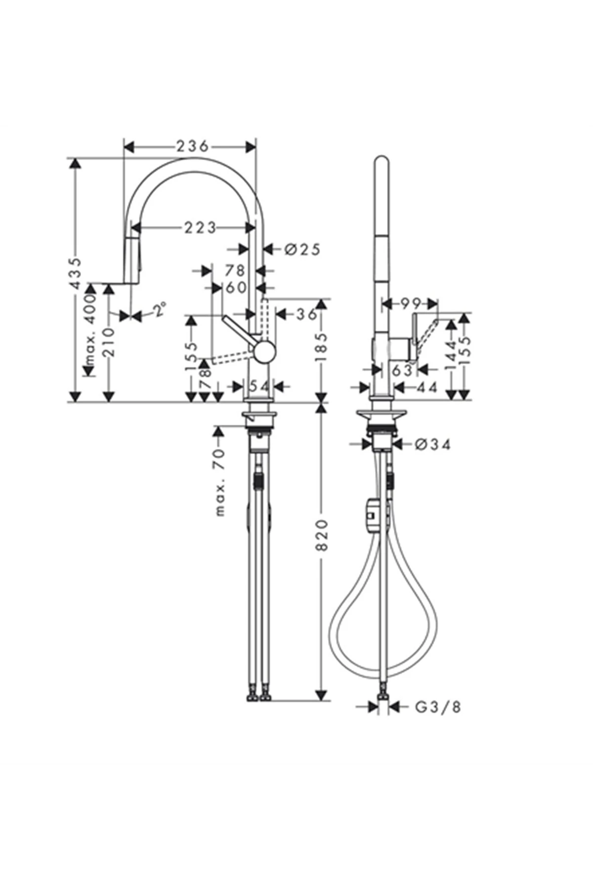 Talis M54 Tek Kollu Eviye Bataryası 210, Çekilebilir El Duşu, 2jet Mat Siyah