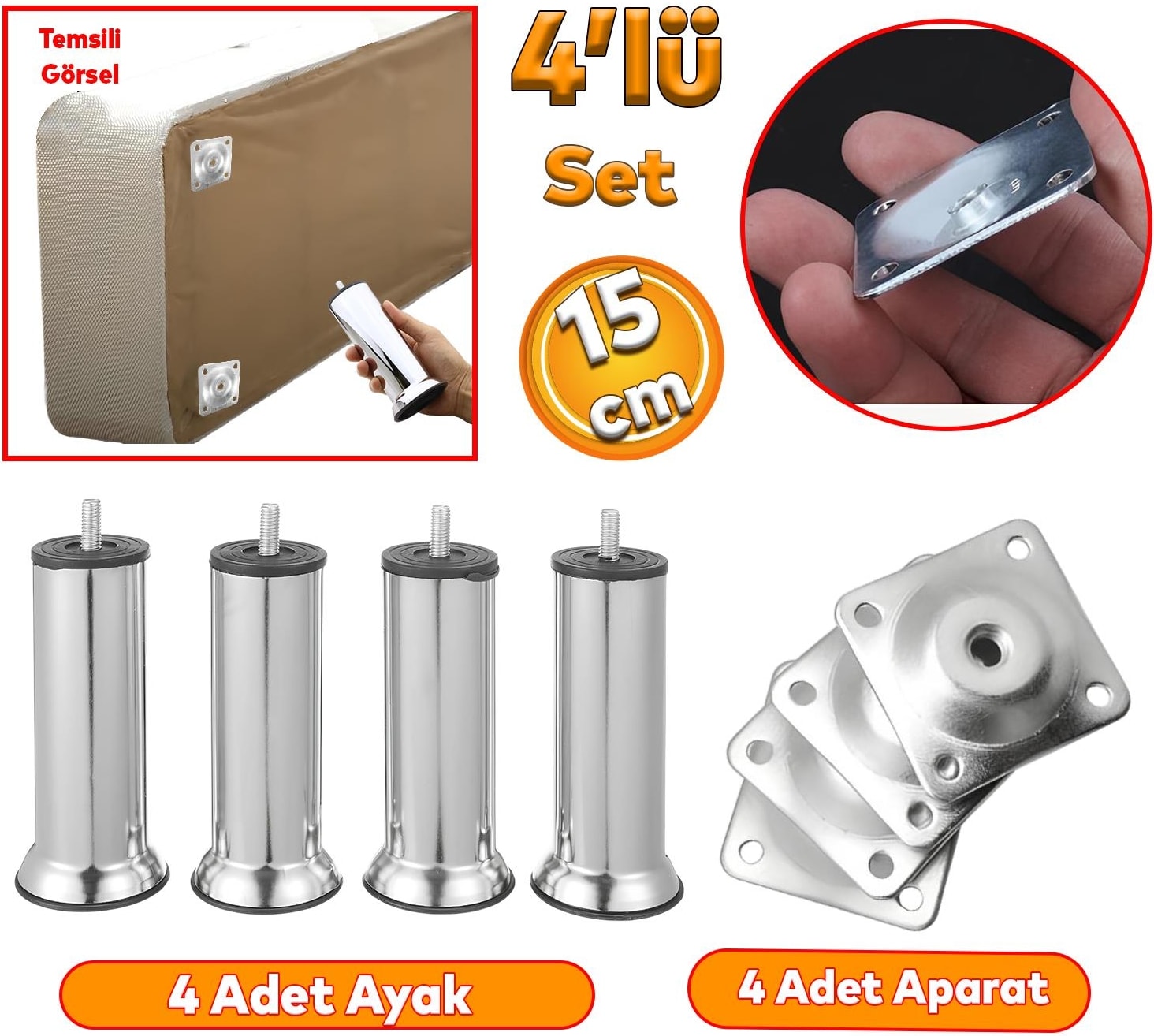 Mobilya Kanepe Baza Koltuk Çekyat 15 cm Krom Metal Yükseltme Ayağı M8 Aparatlı 4'lü Set