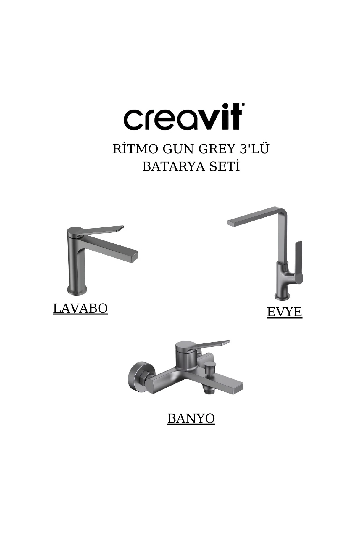 Ritmo Metalik Gri Batarya Seti 3’Lü Banyo-Lavabo-Evye