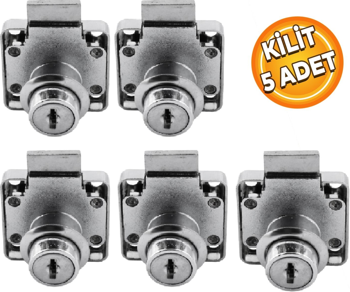 Ugr Kare Mobilya Çekmece Dolap Kilidi Nikel Krom 2 Anahtarlı Kilit 4x4 cm 22 mm (5 Adet)