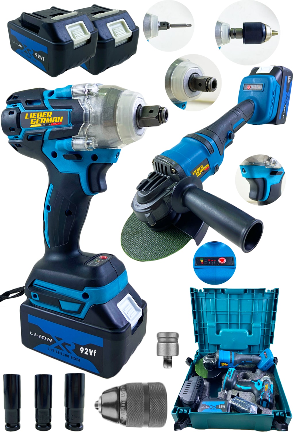 92 Vf 10 Ah Brushless Kömürsüz Motor Şarlı Taşlama ve Akülü Bijon Somun Sökme Sıkma Makinası 2'li Set