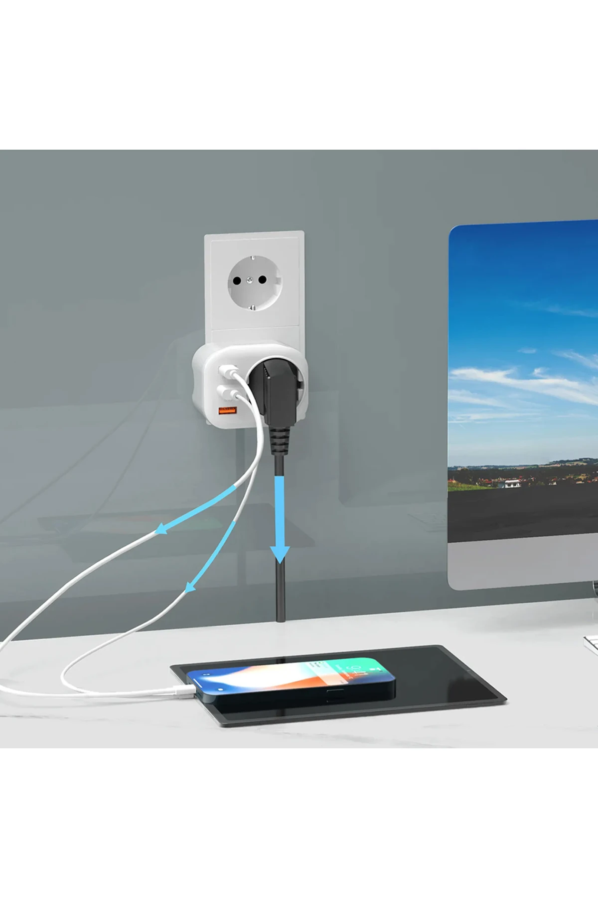 USB Type-C Priz Dönüştürücü Şarj Adaptörü Priz - 2 USB - 1 Type-C Girişli Çoklu Fiş