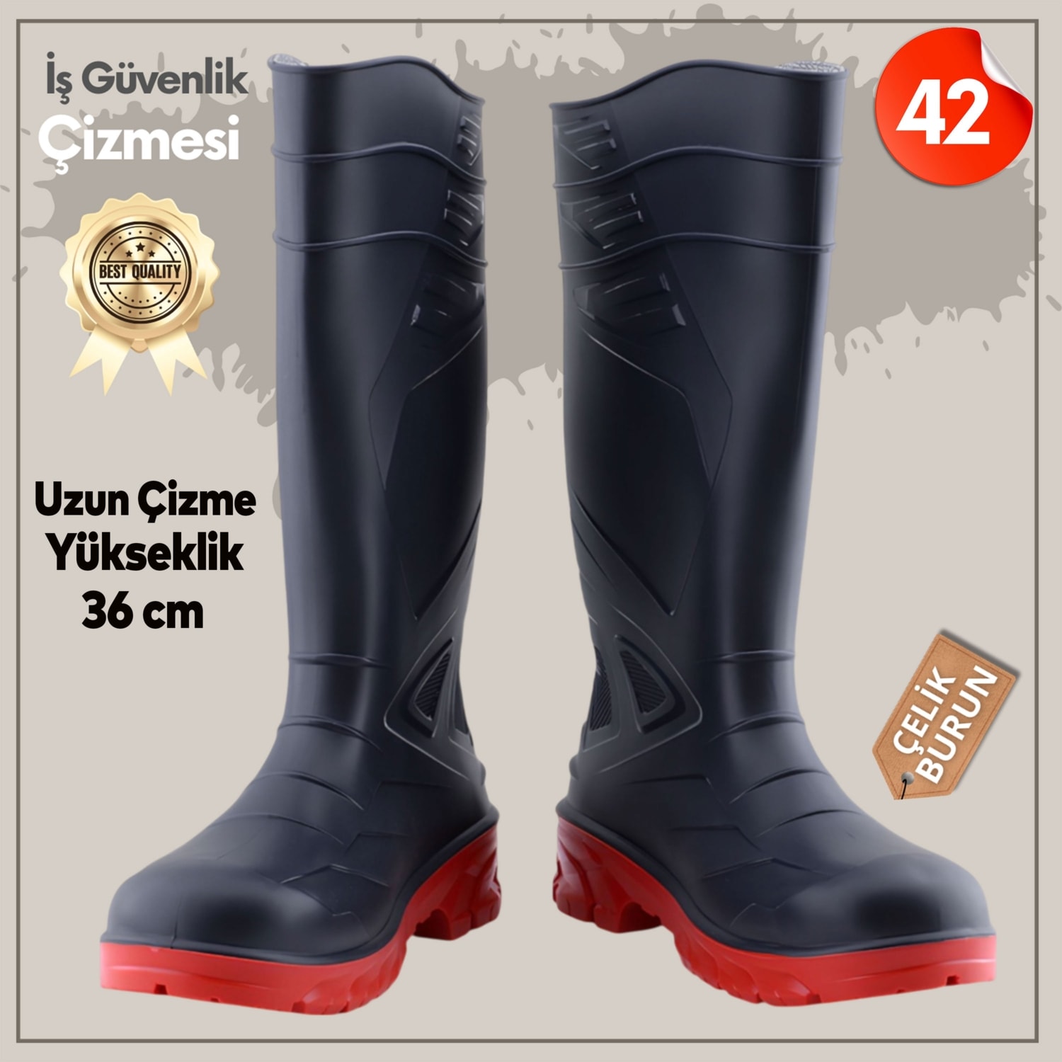 Uzun Çizme Iş Güvenlik Çizmesi Numara 42 Inşaat Tarım Bahçe Kimya Petrol Çiftilik Gaz 36 cm