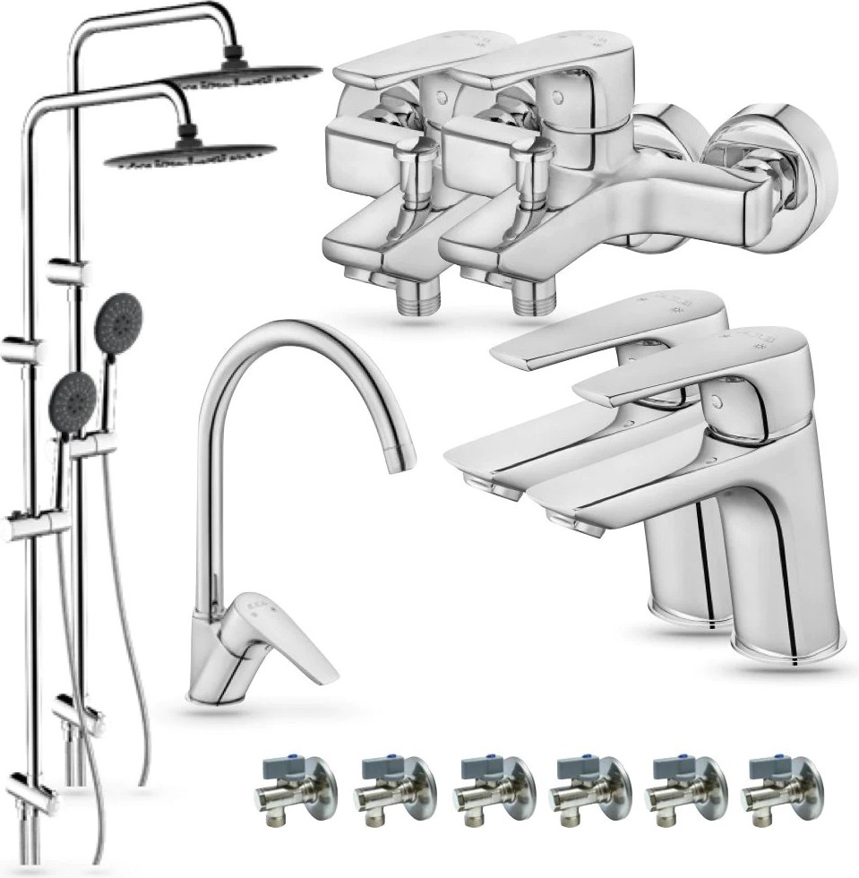 Niobe Set 7 [13 Parça]: Banyo/Duş Bataryası 2 Adet - Banyo - Lavabo Bataryası 2 Adet - Mutfak - Eviye Bataryası 1 Adet - QUA Bien Nelly Kolonlu Duş Seti 2 Adet - Filtreli Ara Musluk 6 Adet