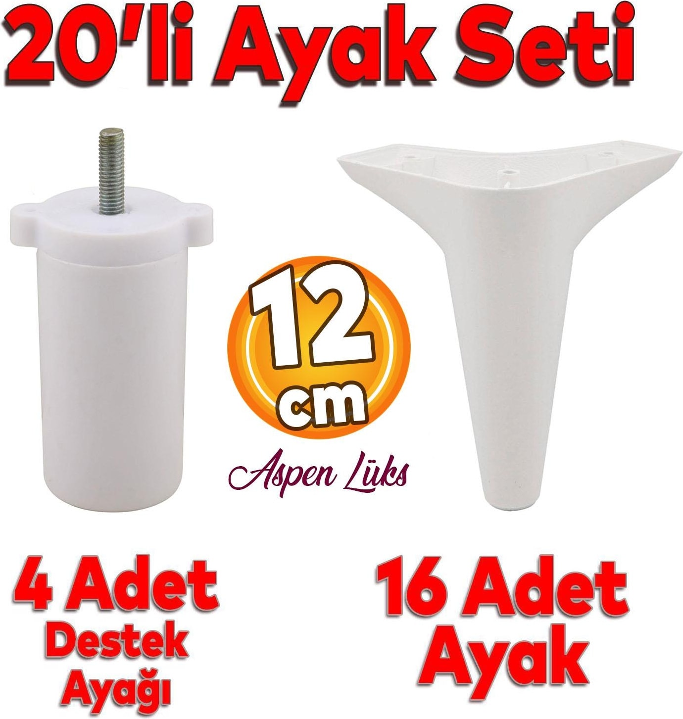 20'li Set Aspen Lüks Mobilya Koltuk Kanepe Tv Ünitesi Yükseltme Destek Ayağı 12 cm Beyaz Ayakları