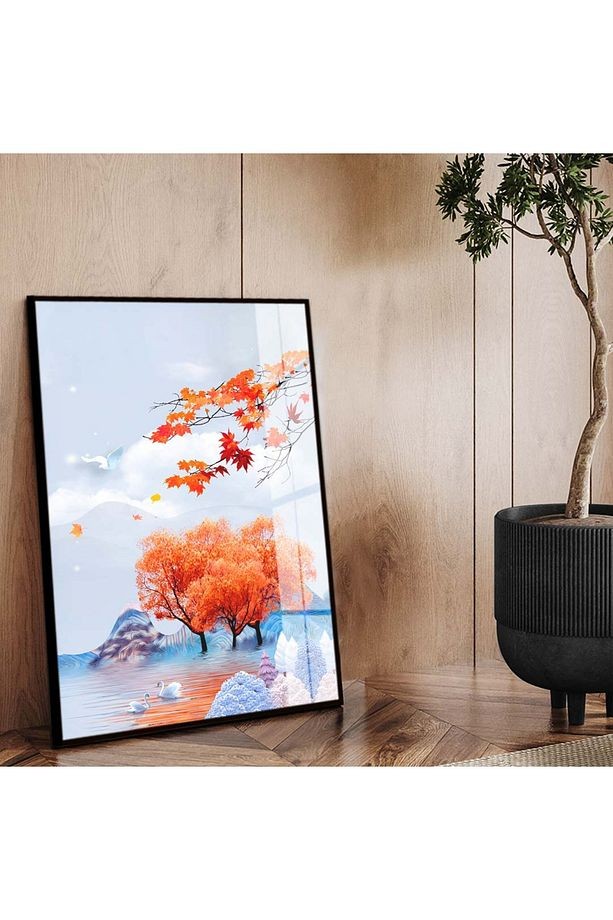 Siyah Metal Çerçeveli Modern Çizim Doğa Tema Kırılmaz Cam Tablo