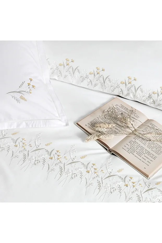 Premium Chıffon Pamuk Brode Çift Kişilik Nevresim Takımı Beyaz