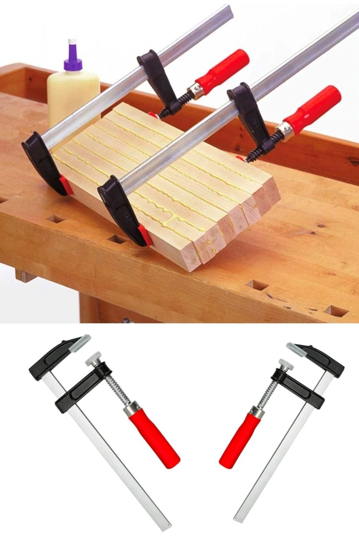 2 Adet Çelik F Tipi Mobilyacı Işkencesi 50x250mm Ile 50x250 mm Marangoz F Kelepçesi