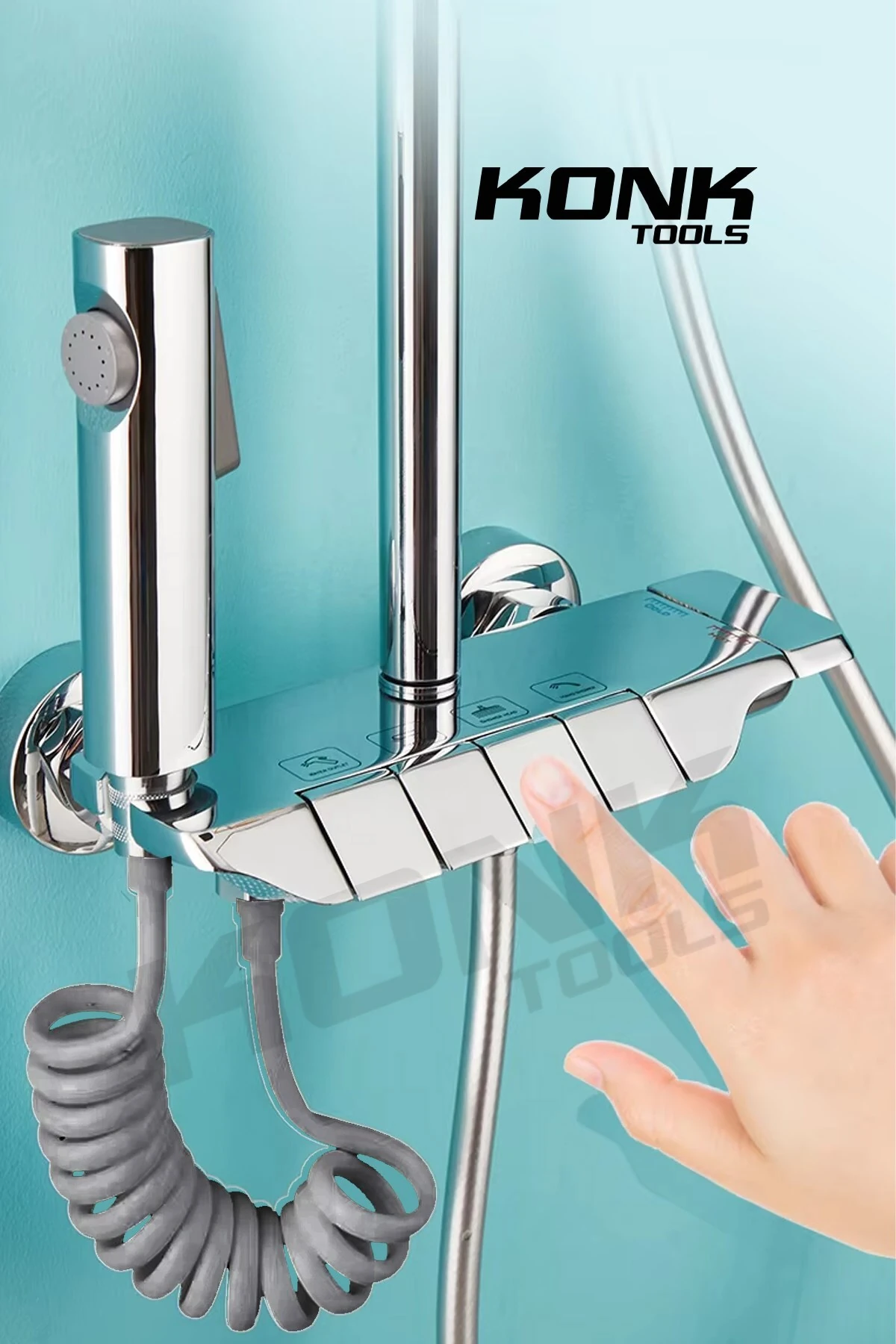 Piyano 5 Fonksiyonlu Krom Banyo Bataryalı Robot Duş Seti Tepe Duşu Duş Seti 130 cm