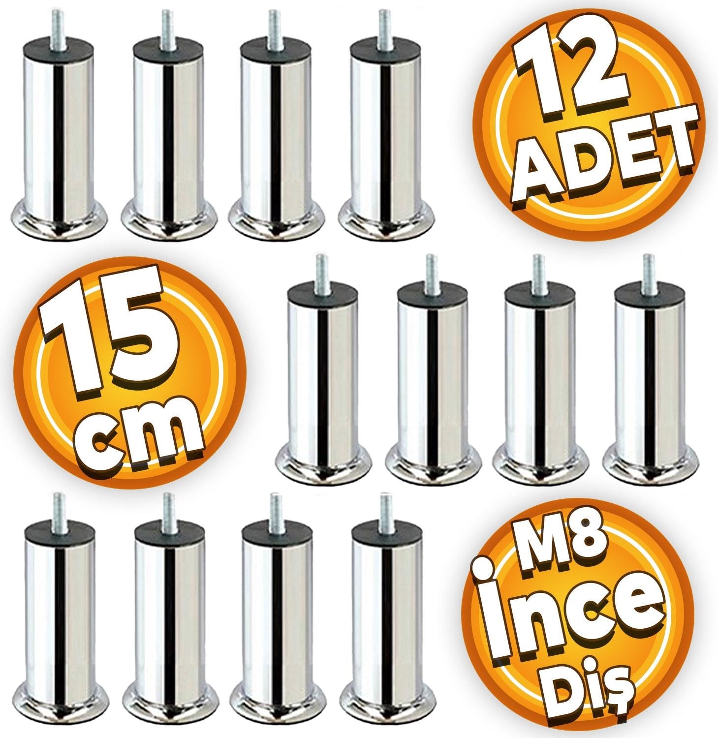 Mobilya Kanepe Baza Koltuk Yatak Çekyat Destek Yükseltme Ayağı M8 15 Cm Krom Metal Ayakları 12 Adet