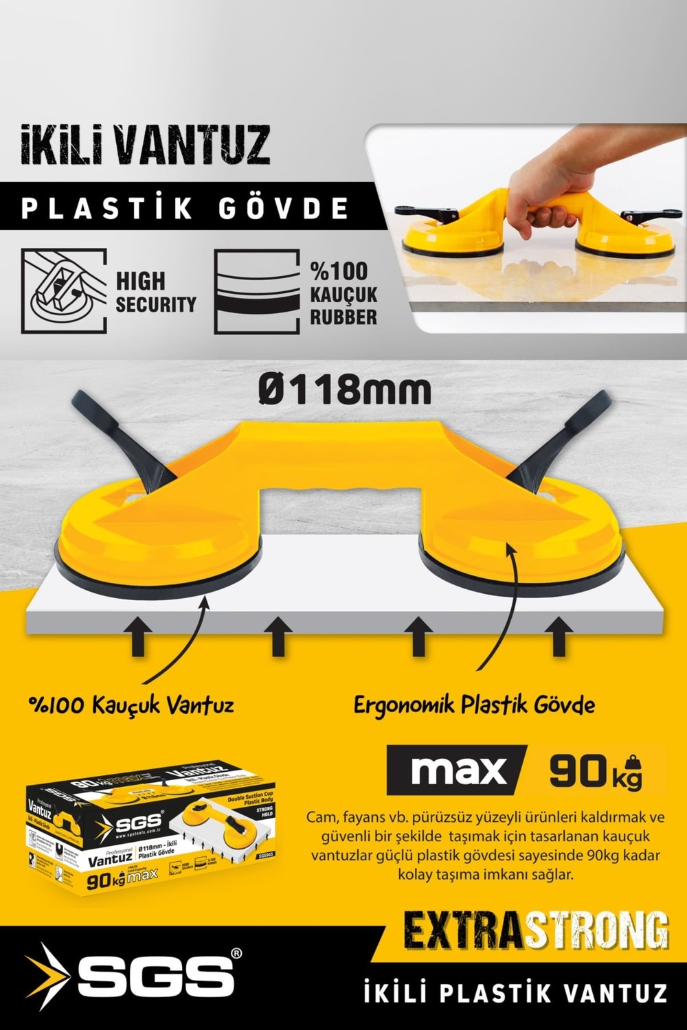 SGS945 90 kg Çiftli Vantuz Cam Granit Seramik Laminat Ahşap Ayna Taşıma Vantuzu