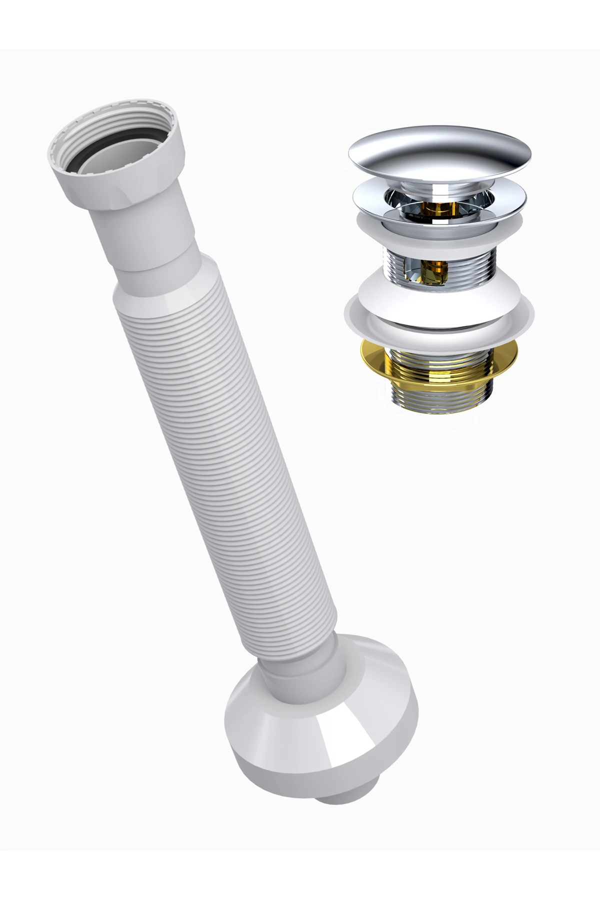 Sifon Tapası - Bas Aç - Parlak Krom Başlıklı -Taşma Delikli-Pis Su Çıkış Borusu Dahil