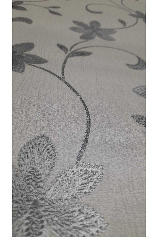 Modern Çiçek Desenli Gri Üzerine Gümüş Detaylı Duvar Kağıdı 5m2