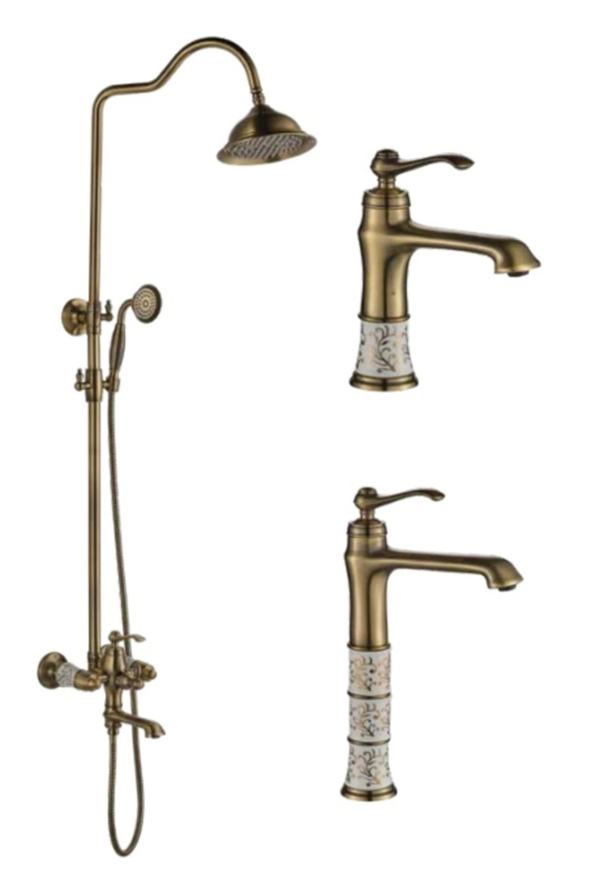 Porselen Desenli Kare Başlıklı Antik Lavabo + Eviye Mutfak + Duş Seti