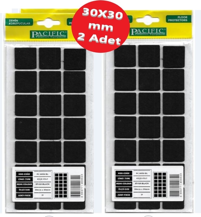 Zemin Koruyucu 30X30 mm Siyah Keçe, Ses ve Çizik Önleyici Siyah Mobilya Keçesi 2 Adet