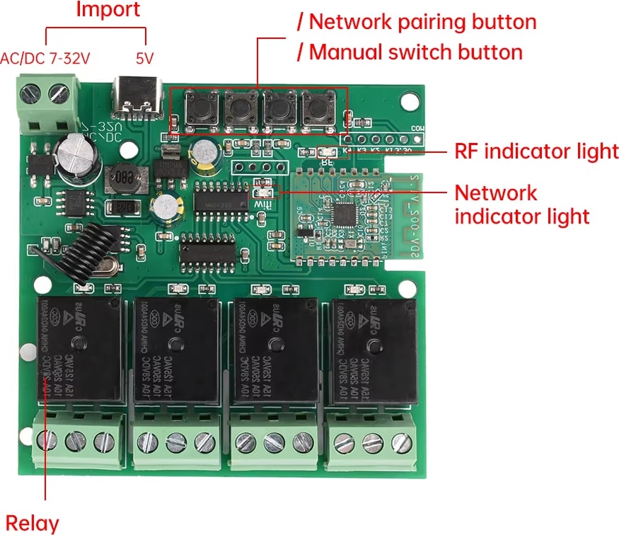 4 Kanal Wifi Kuru Kontak Role Kartı RF 433 Mhz Özellikli