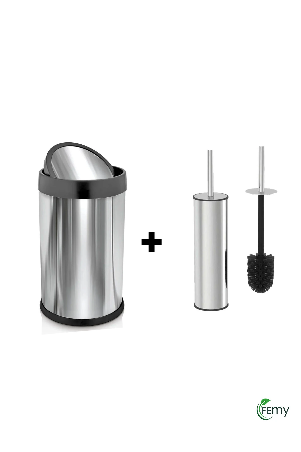 Krom Pratik Kapaklı Çöp Kovası 8 lt+ Metal Tuvalet Wc Fırçası Klozet Fırçası