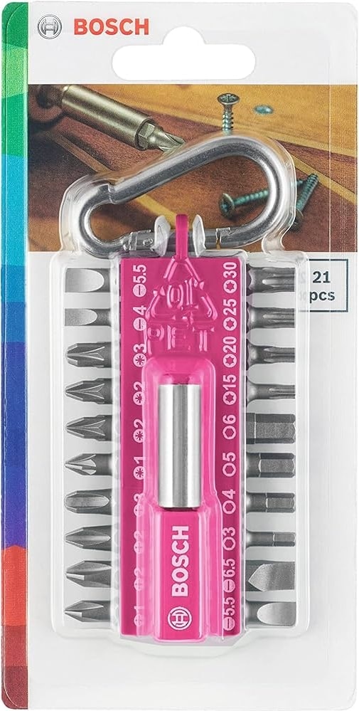 BOSCH - 21 Parça Yaylı Kancalı Vidalama(Pembe) 8'li Karton Standlı