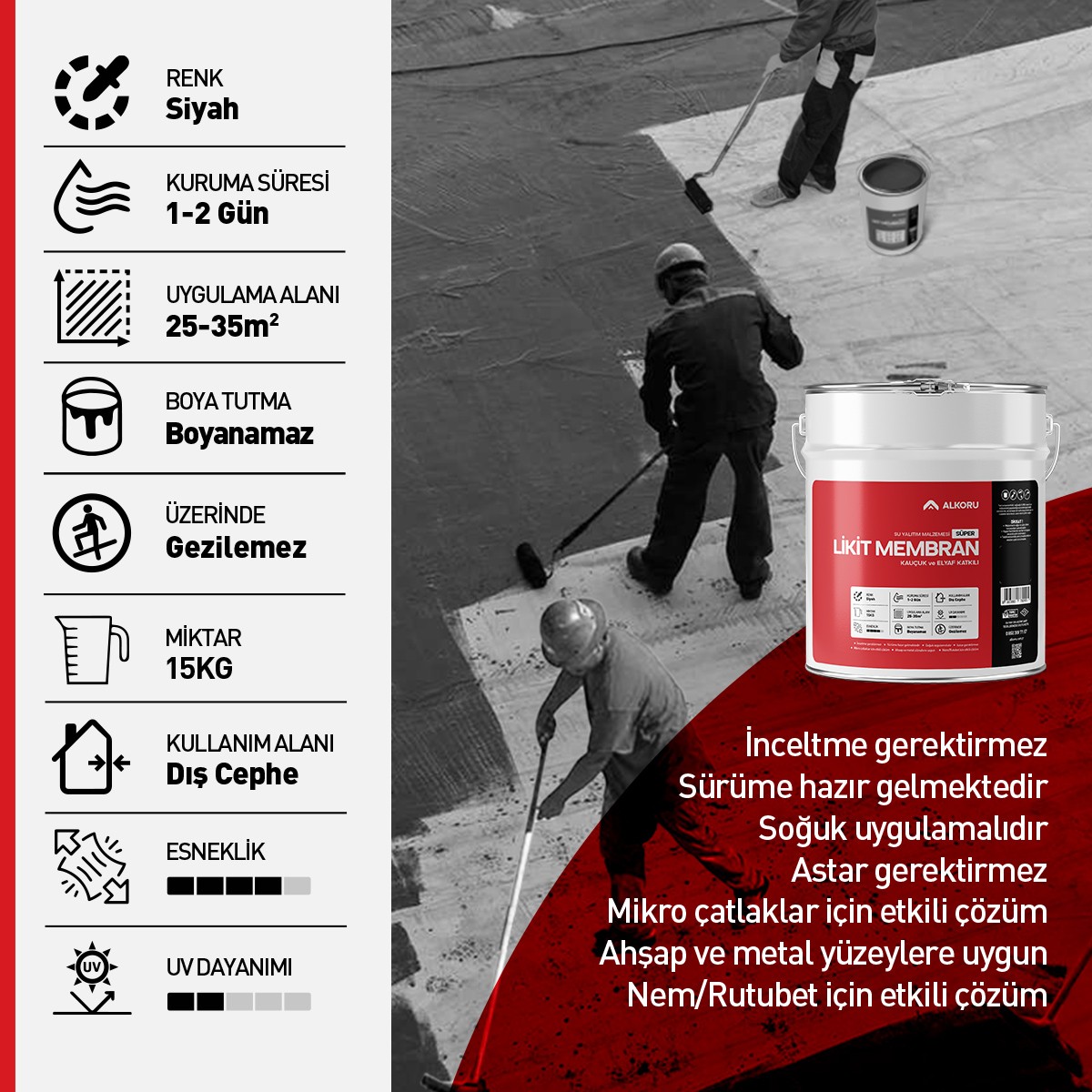 ALKORU 15 KG Süper Kauçuk ve Elyaf Katkılı Likit Membran UV Dayanımlı Teras Çatı Balkon Su Yalıtımı ve İzolasyonu