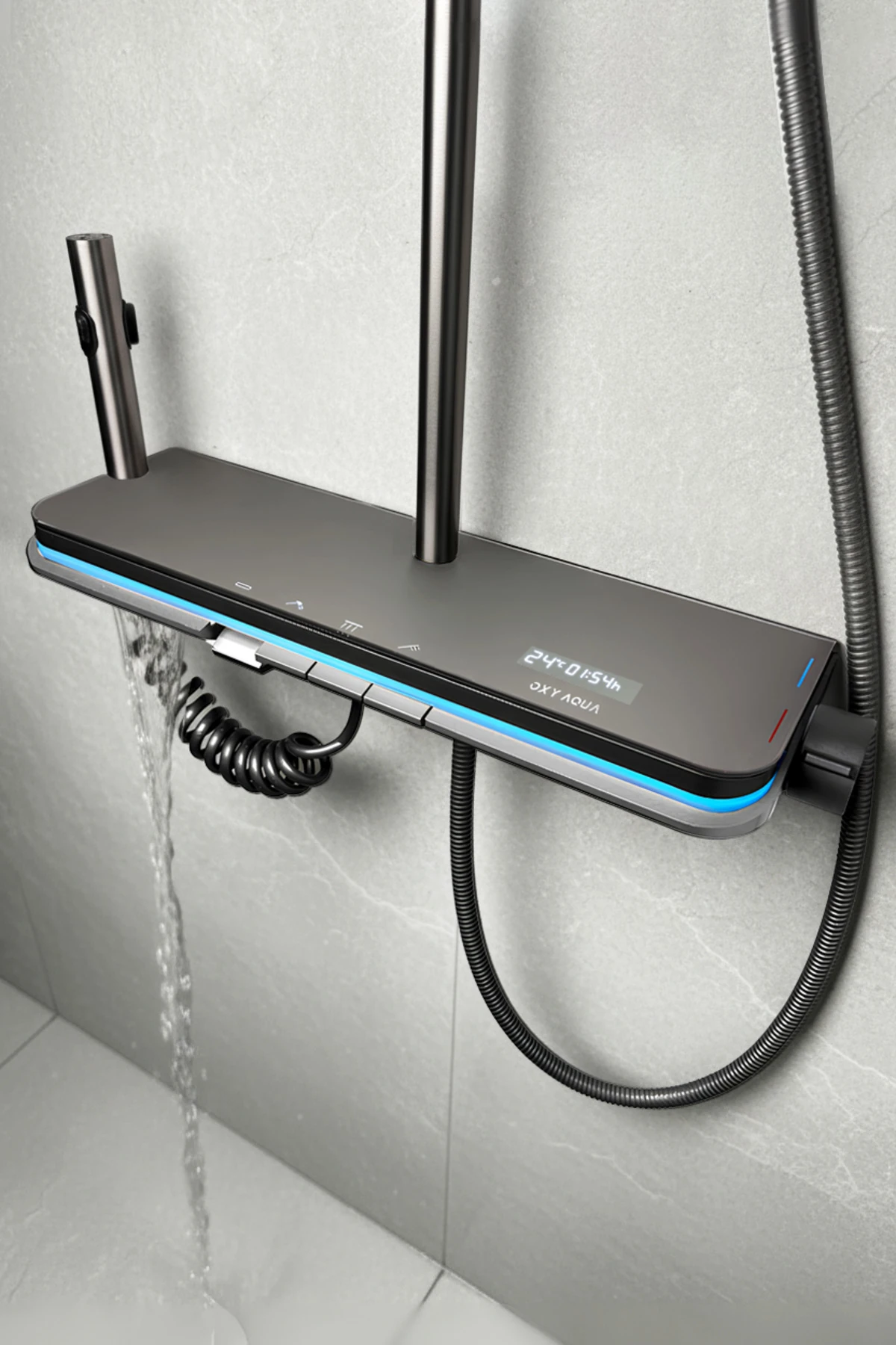 Dijital Led Göstergeli Piyano Tuşlu Termostatik Banyo Batarya Duş Sistemi Tepe Robot Duş Seti